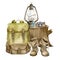 Camping equipment and woodland stump. Hand drawn watercolor illustration with Travel vintage backpack and boots on white