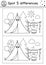 Camping find differences game for children. Black and white activity and coloring page with cute smiling kawaii tent, sun, boiler