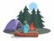 Camping flat design. A lonely man sits on a log by the fire at night