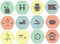Camping flat hexagonal icons. Red, green, blue, yellow background, bright pastel cool colors. Black outline with white contours