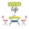 Camping folding table and chairs and handwritten words - Camping life.Tourist furniture for picnics, outdoor recreation, rest in