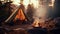 Camping in forest. Morning at camp. Traveling with tent and campfire. Summer outdoor activities