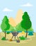 Camping in the forest among the mountains and the river with a barbecue in the style of flat. Products with barbecue, scarves and