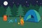 Camping in forest. Night nature landscape. Touristic tent and campfire. Travel map. Backpack and mug. Nighttime