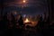 Camping in the forest at night. Tourists near the fire. A haunting and imaginative scene depicting a spooky, AI Generated