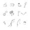 Camping, games, hobbies, tools, useful things, vector set of hand-drawn elements in doodle style