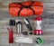 Camping Gear on Rustic Wooden Boards