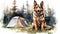 Camping German Shepherd Dog In Watercolor - Digital Art Concept