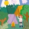 camping girl tent forest mountains and campfire in cartoon style