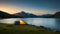 Camping hikes and setting up tents in the wild with beautiful mountain, sunset, sunrise, lake views
