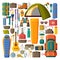 Camping and Hiking Equipment. Collection with tent, backpack sleeping bag and pad. Vector illustration
