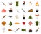 Camping and hiking icon set. Forest hike elements. Camp gear backpacker collection tourist tent, backpack, food, barbecue, boat,