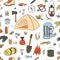 Camping Hiking icons colored sketch seamless vector pattern. Camping equipment collection. Binoculars, bowl, barbecue,