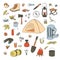 Camping Hiking icons colored sketch style set. Camping equipment vector collection. Binoculars, bowl, barbecue, lantern