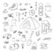 Camping Hiking icons set. Camping equipment vector collection. Binoculars, bowl, barbecue, lantern, shoes, Backpack
