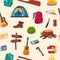 Camping and hiking seamless pattern. Summer camp travel tools collection for survival in wild, tent, backpack, map, axe