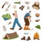 Camping and hiking set, characters concept. Happy hikers collect dry branches for a campfire. Vector illustration