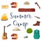 Camping and hiking set. Summer camp travel tools collection for survival in wild, tent, backpack, map, axe, campfire and