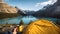 Camping with holding cup in yellow tent open with Peyto Lake in Icefields Parkway at Canada