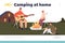 Camping at home concept of landing page with happy family around camp fire on backyard