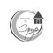 Camping icon. Circular symbol - Welcome to Camp - with wooden chalet. Monochrome design.