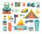 Camping icon set. Adventure hiking kit. Hiking and camping equipment.Tent camp