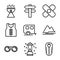 Camping icon set outline style including barbeque,camp,cooking,survive,road sign,adventure,life jacket,caravan,mountain,landscape,