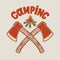 Camping. Illustration of two crossed hatchets and tourist campfire. Design element for poster, card, banner, flyer, t