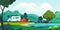 Camping landscape. Cartoon countryside with forest lake and camp, beautiful nature scene. Vector summer vacation
