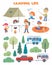 Camping life set. Trees, people, pickup and trailer. Vector illustrations