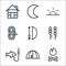 Camping line icons. linear set. quality vector line set such as bonfire, camp, fishing, satay, archery, rope, sunset, crescent