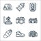 camping line icons. linear set. quality vector line set such as camper van, shoe, sleeping bag, picnic table, camera, moka pot,