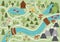 Camping map. Summer camp background. Vector nature clip art or infographic elements with mountains, waterfall, trees, forest,