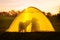 Camping in the nature, silhouette of a dog and a woman