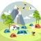 Camping near the mountains. Rest outside the city. In minimalist style Cartoon flat raster