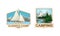 Camping and Outdoor Exploration Badge with Sailing Ship and Forest Scene Vector Set