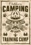 Camping and outdoors vector poster in vintage style with head of boy scout in hat and two crossed flashlights. Layered