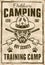 Camping and outdoors vector poster in vintage style with head of boy scout in hat and two crossed marshmallow on sticks