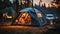 Camping picnic tent campground in outdoor hiking forest. Generative AI