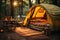 Camping picnic tent campground in outdoor hiking forest. Generative AI