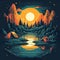 Camping place in dark forest at night, AI generative flat illustration in cyan, black, orange and yellow
