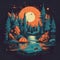 Camping place in dark forest at night, AI generative flat illustration in cyan, black, orange and yellow