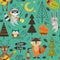 Camping seamless pattern with animals in the forest