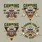 Camping set of colored vector emblems, badges, labels or logos with man in boy scout hat, flashlights and marshmallow on