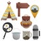 Camping set, kit of hiking equipment, wigwam, metal cauldron and cup, location marker and wooden arrow, thermos