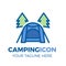 Camping site with modern tent and pine trees icon. Vector thin filled outline logo illustration for outdoor activities