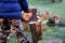 Camping skills father with son. chopping wood logs from willow in autumn. the father shows with ax what can happen like cutting of