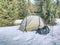 Camping on snow. Tent built in the fresh snow.