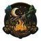 Camping sticker. Fire burning at camp site in the woods. Vintage Camp Sticker, badge design. For shirts, stamps, badges and labels