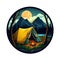 Camping sticker. Tent in the woods. Vintage Camp Sticker, badge design. For shirts, stamps, badges and labels. Ai generative